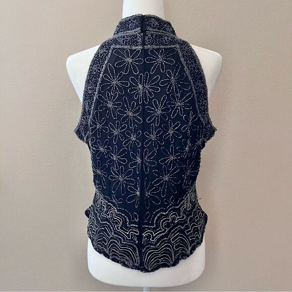 Papell Boutique Evening Beaded Formal Halter Top Black Silver Silk Flowers Large - Picture 5 of 7